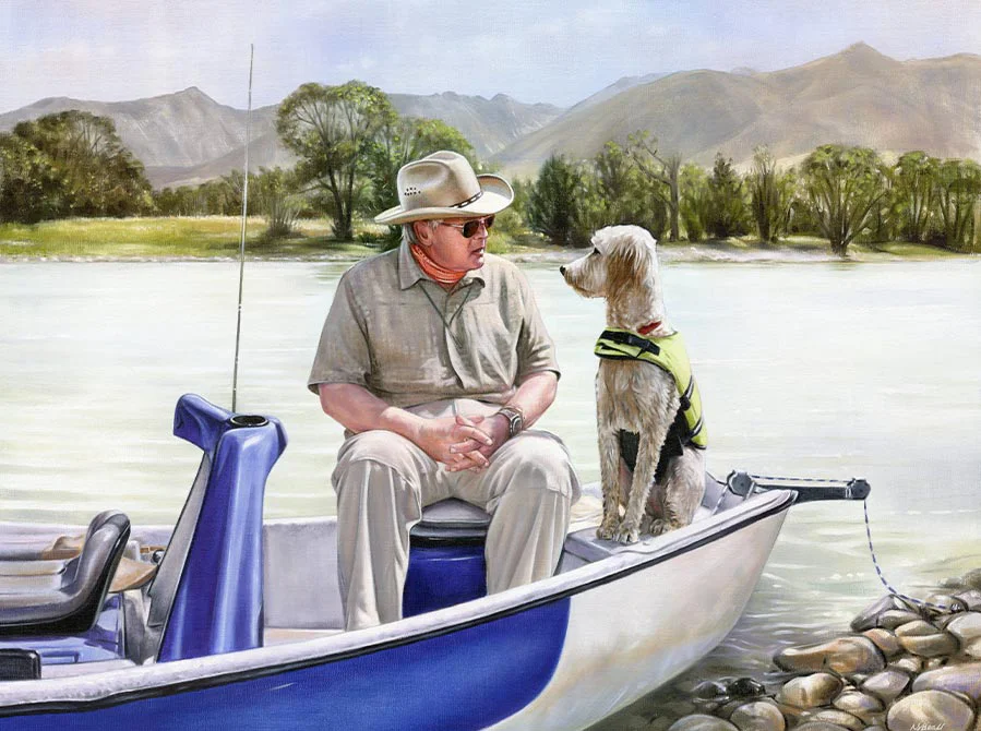 People and Dog Landscape Portrait: Henry and Daisy on the Yellowstone An oil painting depicting a man (Henry) and his dog (Daisy) on a boat, surrounded by a serene landscape, titled 'Conversation on the Yellowstone'.