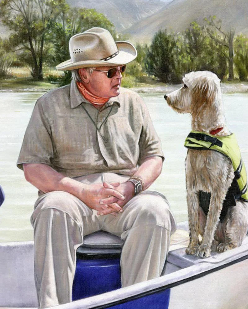 Portrait Displayed in Client's Home The large oil painting of Henry and Daisy displayed prominently on a wall in the client's home, complementing the interior.