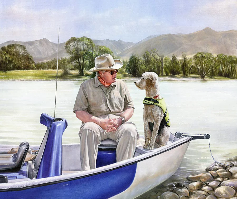 Detailed Oil Painting of Henry and Daisy's Landscape Portrait A vibrant oil painting showing Henry and Daisy on their boat, capturing the serene landscape and their tender interaction.