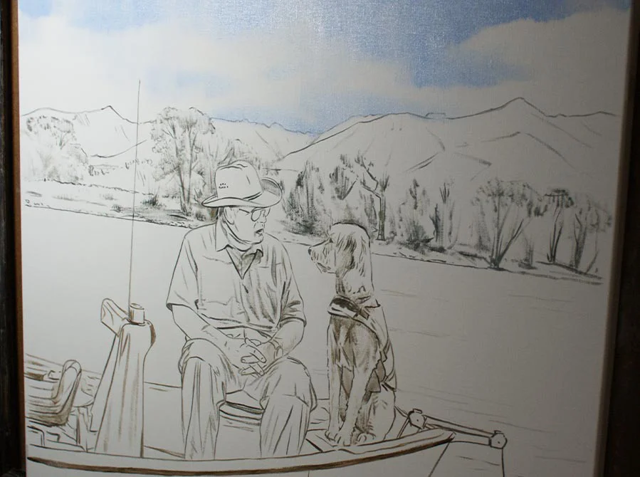 Work in Progress – Man and Dog on Boat Oil Painting Work in Progress: Nicholas Beall's oil painting of a man and dog on a boat, showing early layers of the landscape and figures.