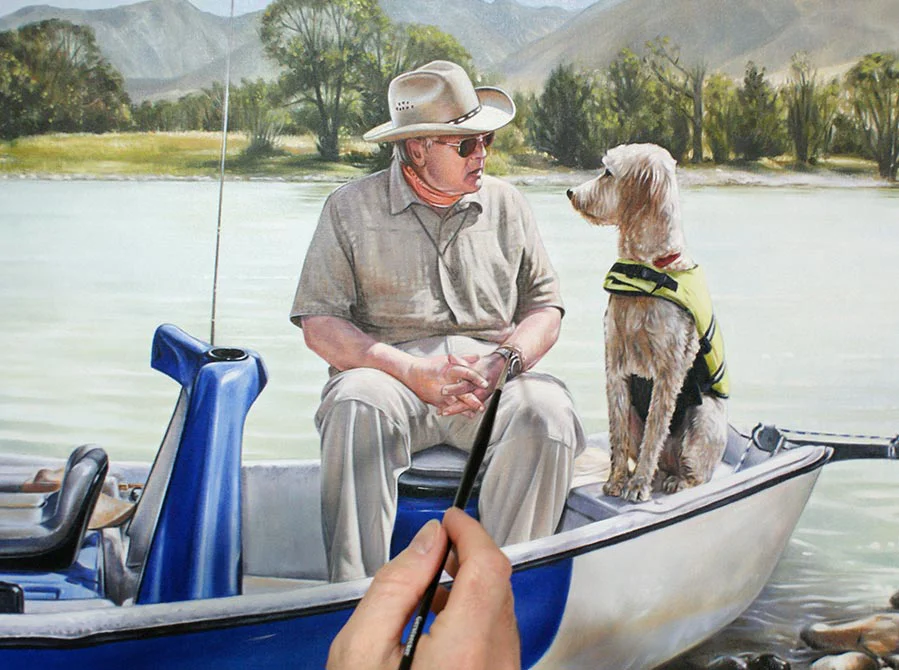 Fine Detail of Dog and Man in Boat Oil Painting Fine detail of the oil painting, focusing on the expressive rendering of the dog (Daisy) and man (Henry) in the boat.