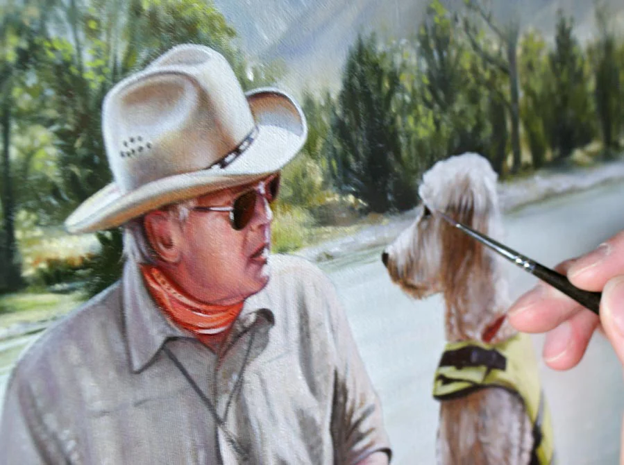 Final Touches – Man with Dog Landscape Oil Painting Final touches being applied to the oil painting of Henry and Daisy, showing the artist's meticulous work on the figures and landscape.