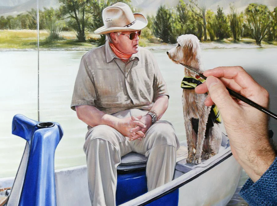 Landscape Oil Painting on Easel – Completed Portrait The completed oil painting of Henry and Daisy's landscape portrait displayed on an easel in the artist's studio.