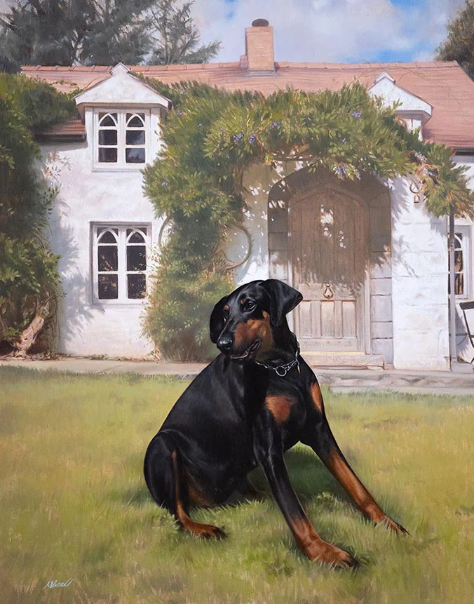 Oil Painting of Stella the Doberman in a Welsh Cottage Garden A stunning oil painting of Stella, a Doberman, sitting calmly in a cottage garden with blooming wisteria around a doorway.