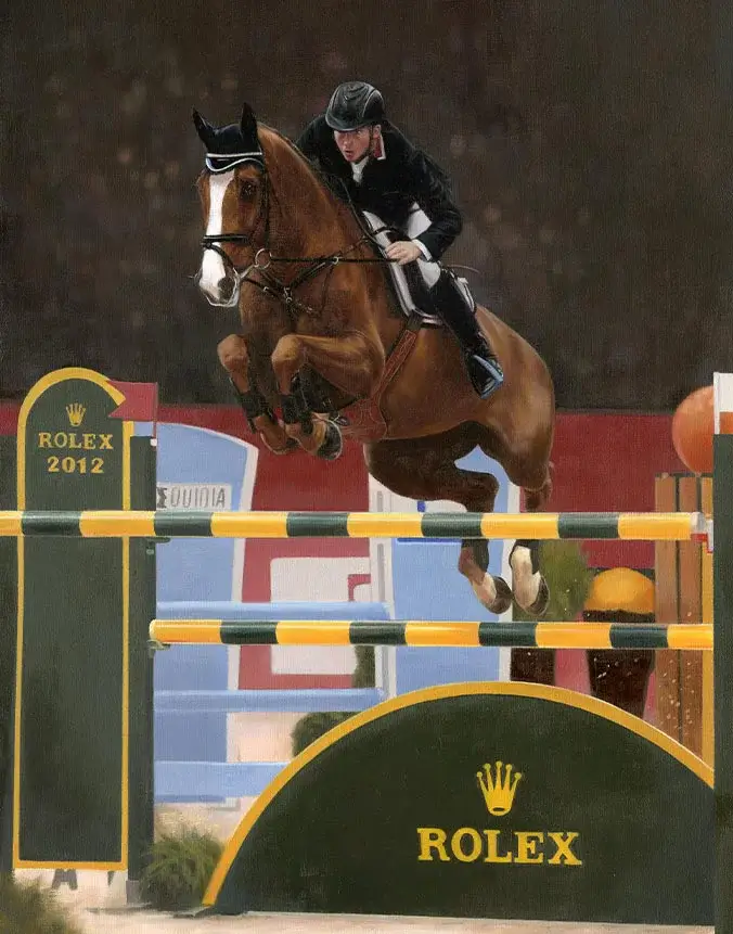 Oil Painting Horse Portrait of CC Top by Nicholas Beall Completed oil painting of horse CC Top with rider mid-jump.