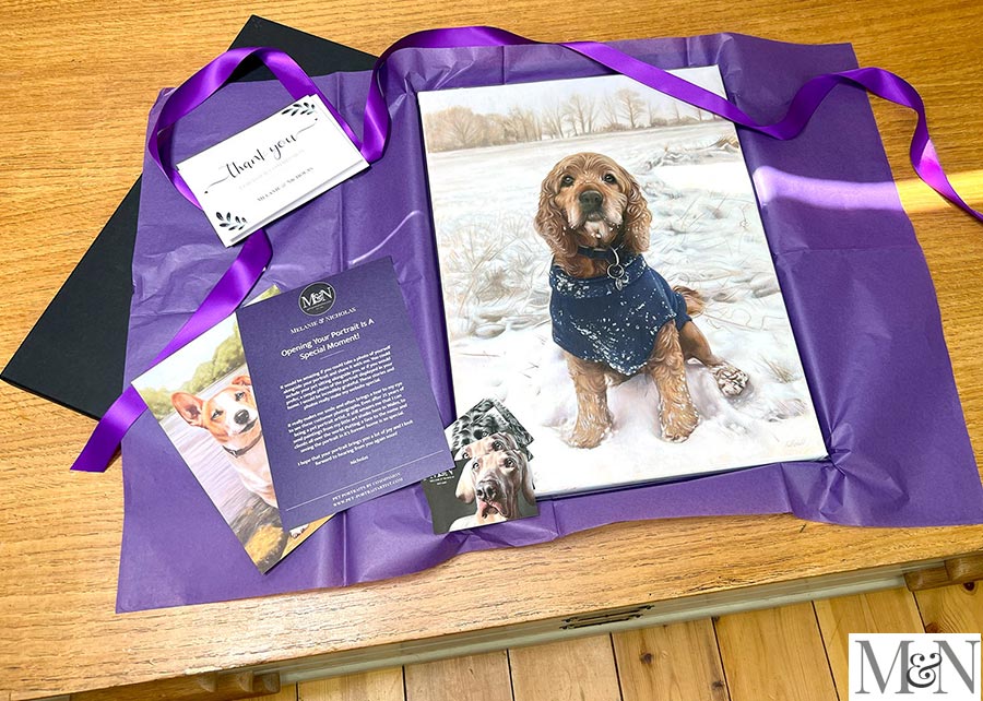 Elegant pet portrait gift wrapping with tissue paper, a custom gift box, and ribbon, perfect for a memorable presentation.