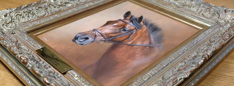 Further examples of framed horse portraits in oil commissions Various framed horse oil portraits by Nicholas Beall in a gallery setting
