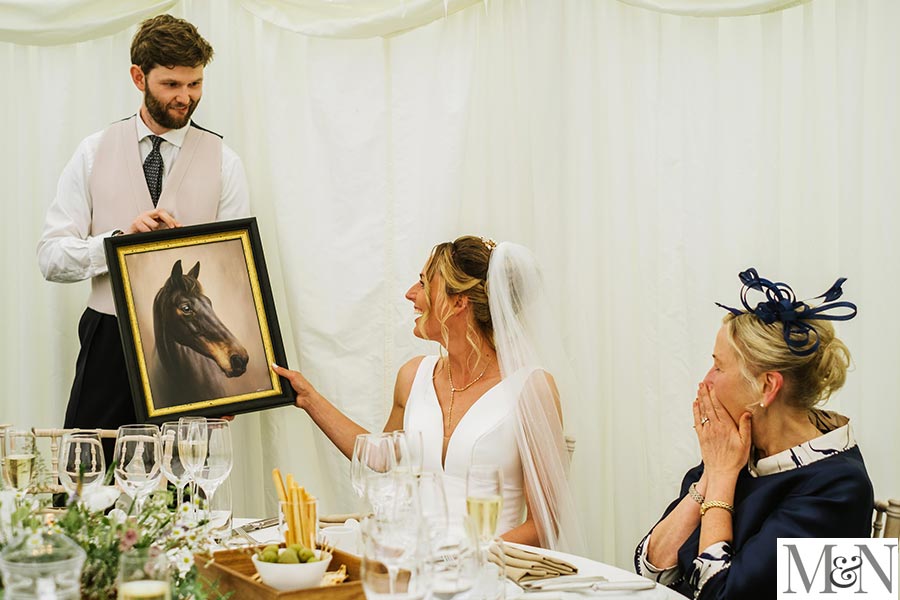 Hand-painted horse pet portrait on brides wedding day