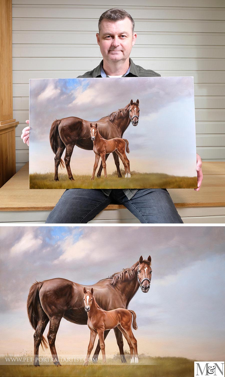 Hand-painted portrait of horse and Foal, capturing their strength and grace