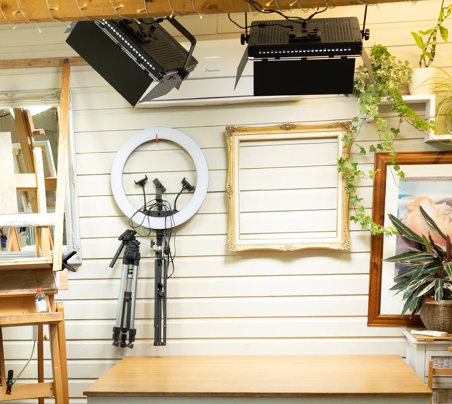 Photography Setup in the Studio Inside the art studio, showcasing the photography light setup ready for capturing finished artwork.